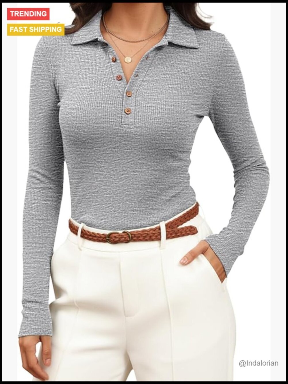 Long Sleeve Button Down Blouse Business Casual Work Top Fitted Polo Shirt